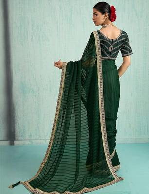 green embellished sequined chiffon saree 5