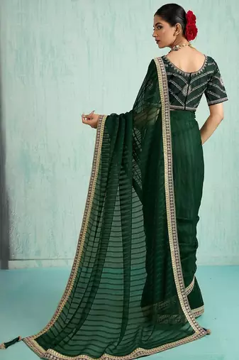 green embellished sequined chiffon saree