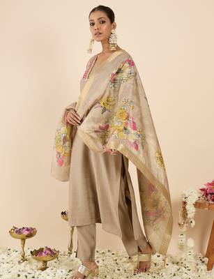 Beige silk embroidered kurta trouser dupatta set 1