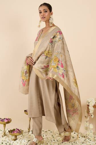 Beige silk embroidered kurta trouser dupatta set