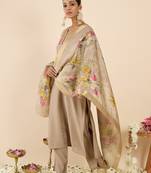 Beige silk embroidered kurta trouser dupatta set