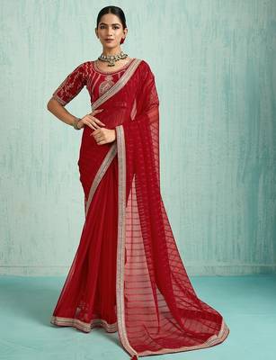 red striped chiffon saree with blouse 1