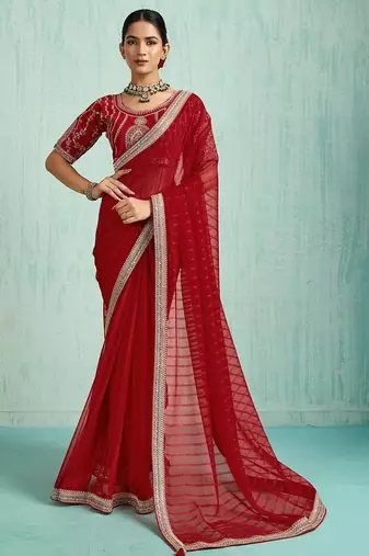 red striped chiffon saree with blouse