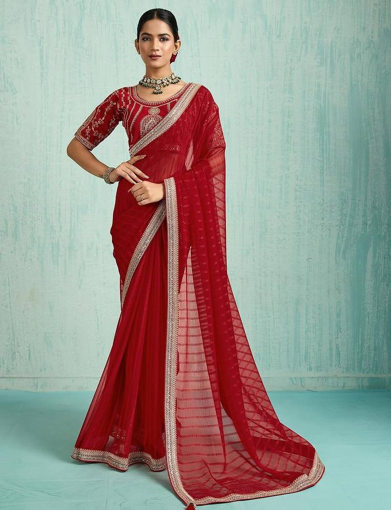 red striped chiffon saree with blouse