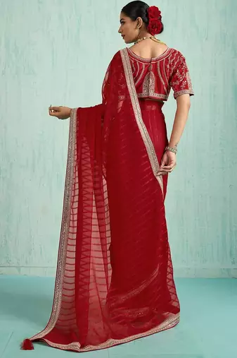 red striped chiffon saree with blouse