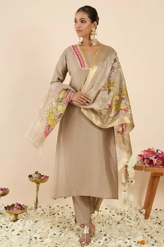 Beige silk embroidered kurta trouser dupatta set