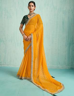 yellow women embellished sequinned chiffon designer saree 1