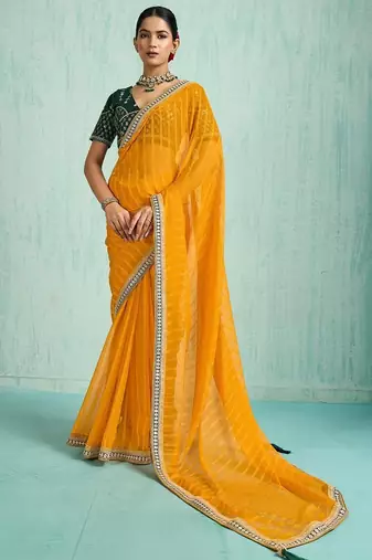 yellow women embellished sequinned chiffon designer saree