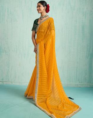 yellow women embellished sequinned chiffon designer saree 2