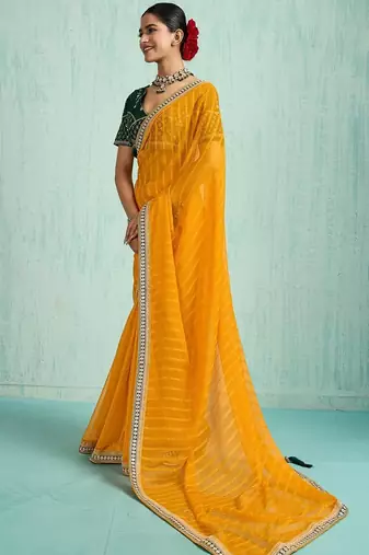 yellow women embellished sequinned chiffon designer saree