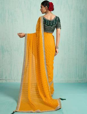 yellow women embellished sequinned chiffon designer saree 3