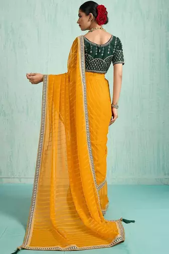 yellow women embellished sequinned chiffon designer saree