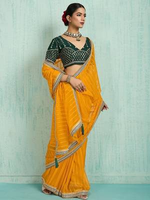 yellow women embellished sequinned chiffon designer saree 4