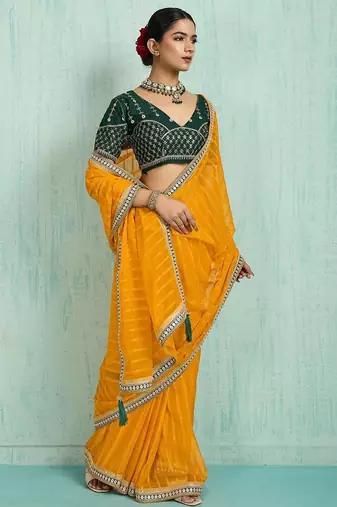 yellow women embellished sequinned chiffon designer saree