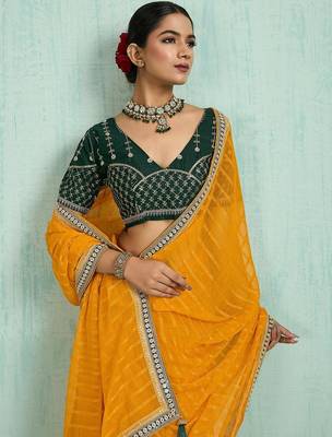 yellow women embellished sequinned chiffon designer saree 5