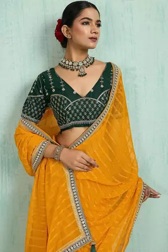 yellow women embellished sequinned chiffon designer saree