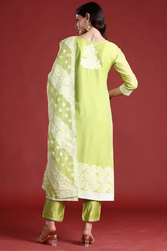 Green silk blend printed kurta trouser dupatta set