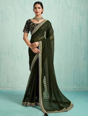 olive striped chiffon designer saree 1