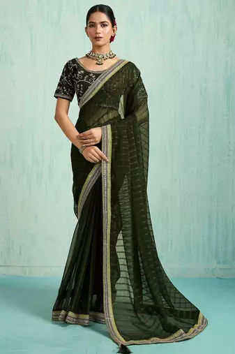olive striped chiffon designer saree
