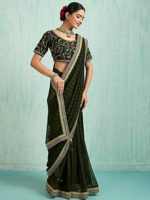 olive striped chiffon designer saree 2