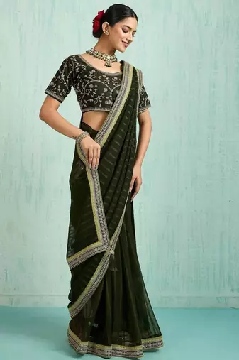 olive striped chiffon designer saree