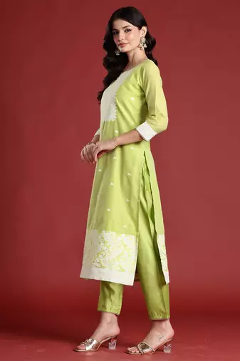 Green silk blend printed kurta trouser dupatta set