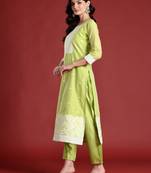 Green silk blend printed kurta trouser dupatta set