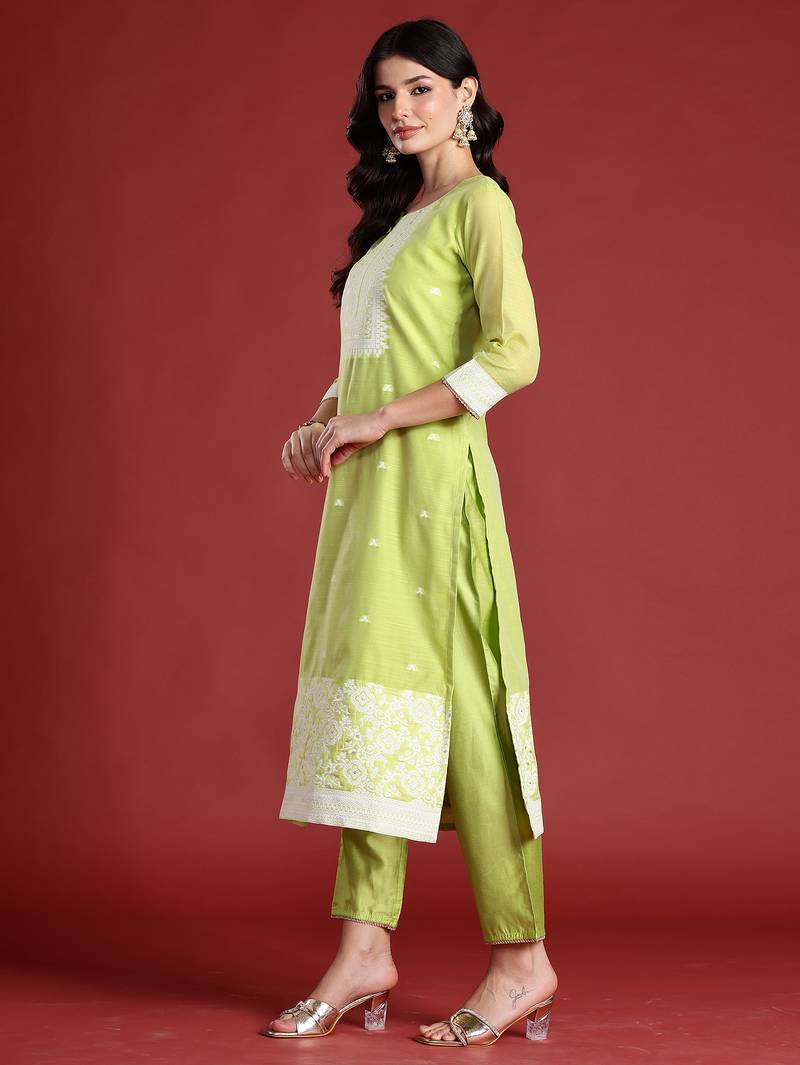 Green silk blend printed kurta trouser dupatta set