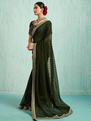 olive striped chiffon designer saree 3