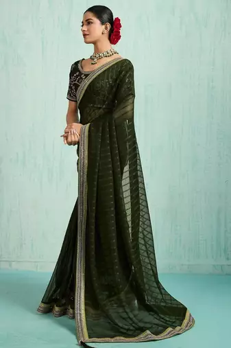 olive striped chiffon designer saree