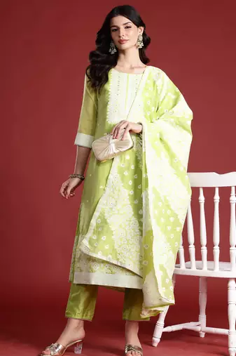 Green silk blend printed kurta trouser dupatta set