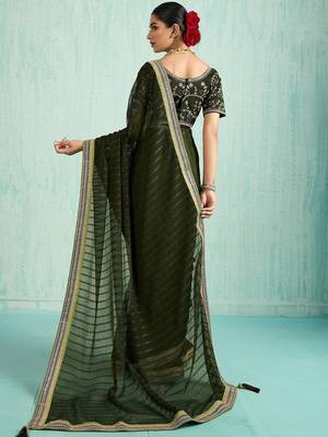 olive striped chiffon designer saree 4