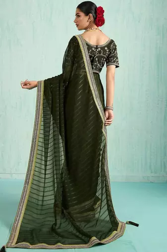 olive striped chiffon designer saree
