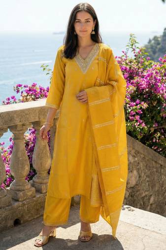 Yellow silk blend embroidered kurta trouser dupatta set