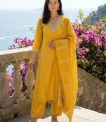 Yellow silk blend embroidered kurta trouser dupatta set