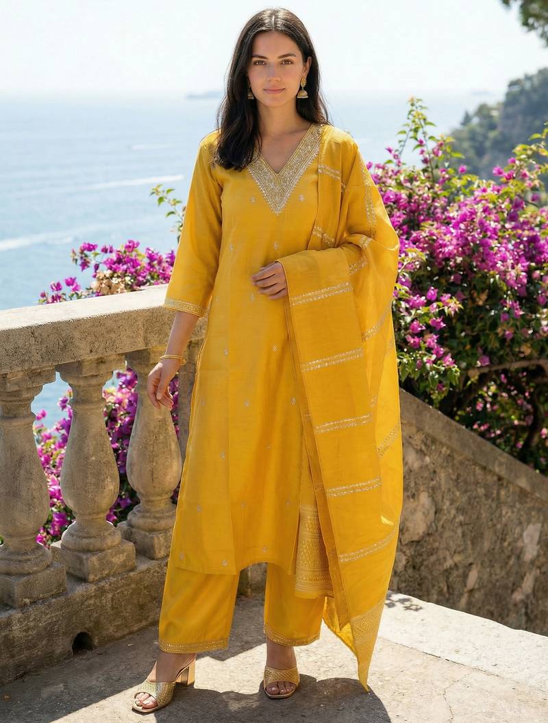 Yellow silk blend embroidered kurta trouser dupatta set