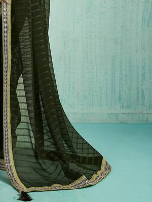olive striped chiffon designer saree 5