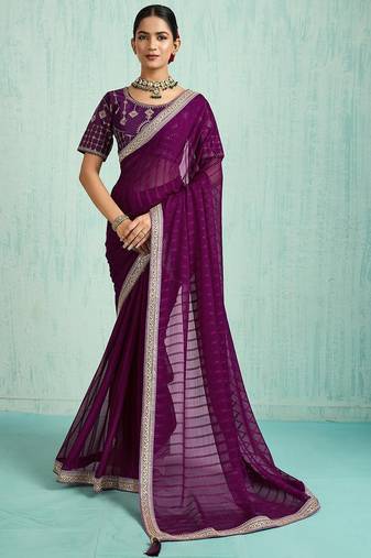 purple embellished sequinned chiffon designer saree