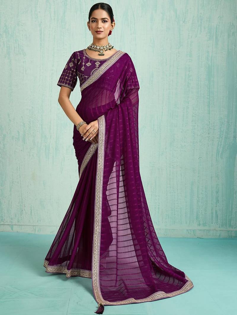 purple embellished sequinned chiffon designer saree