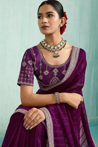 purple embellished sequinned chiffon designer saree