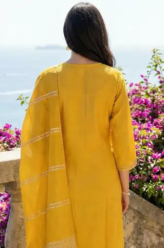 Yellow silk blend embroidered kurta trouser dupatta set