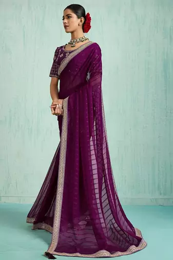 purple embellished sequinned chiffon designer saree
