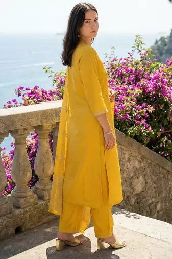 Yellow silk blend embroidered kurta trouser dupatta set