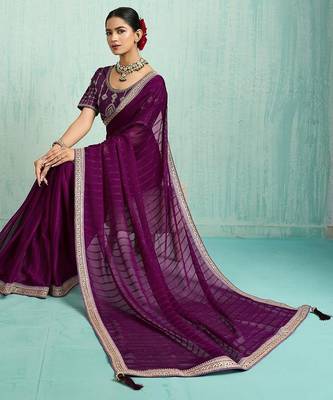 purple embellished sequinned chiffon designer saree 5