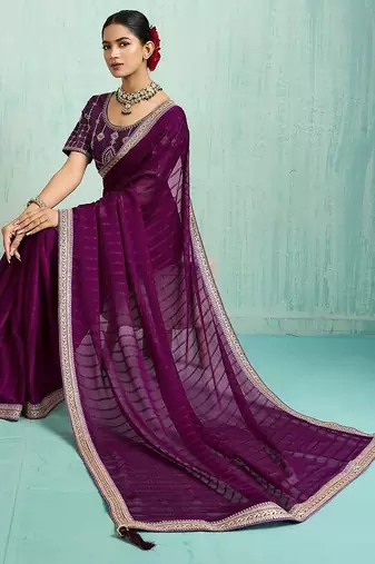 purple embellished sequinned chiffon designer saree