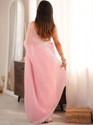 pink floral sequinned poly georgette designer saree 2