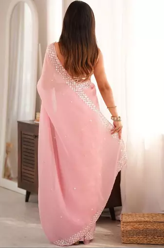 pink floral sequinned poly georgette designer saree