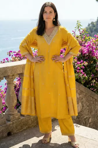 Yellow silk blend embroidered kurta trouser dupatta set