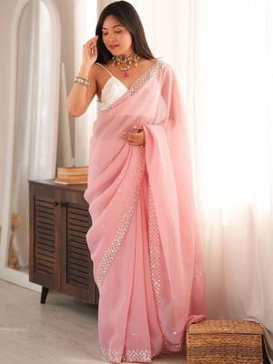 pink floral sequinned poly georgette designer saree 3