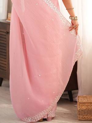 pink floral sequinned poly georgette designer saree 5